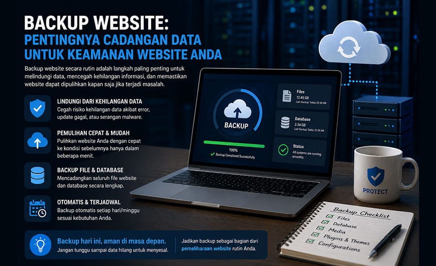 Backup website untuk melindungi data, database, dan file website dari risiko kehilangan.