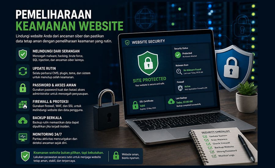 Pemeliharaan keamanan website untuk melindungi website dari hacker, malware, dan ancaman siber.