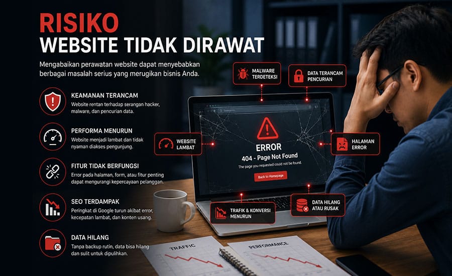 Risiko website tidak dirawat seperti serangan hacker, website lambat, kehilangan data, dan penurunan ranking SEO.